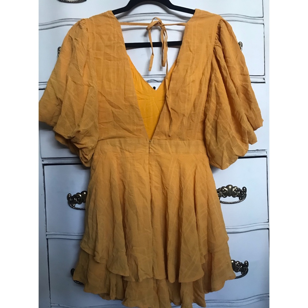 Mustard Flounce puff sleeve romper!
